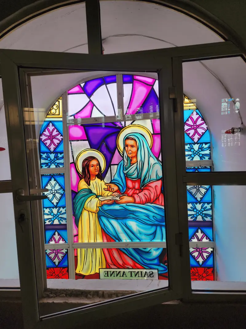 Sandblasted and stained glass panel